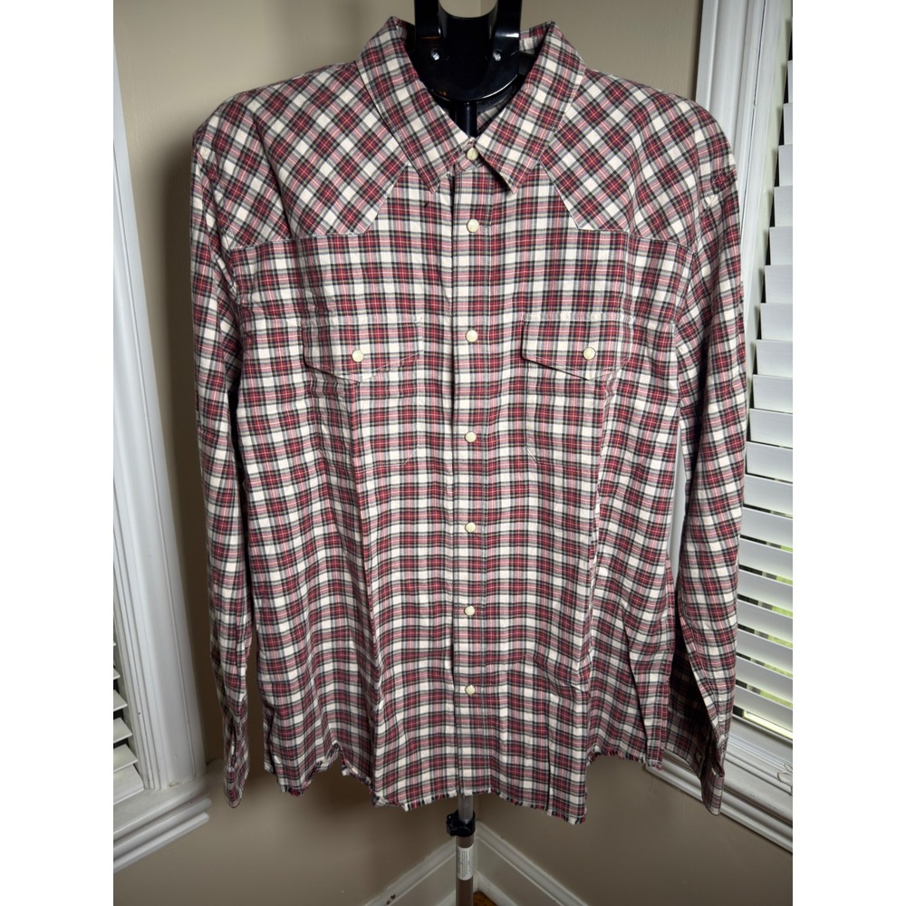 The Kooples Mens Western Plaid Snap Button Shirt Red Cream Frayed Hem XL NEW